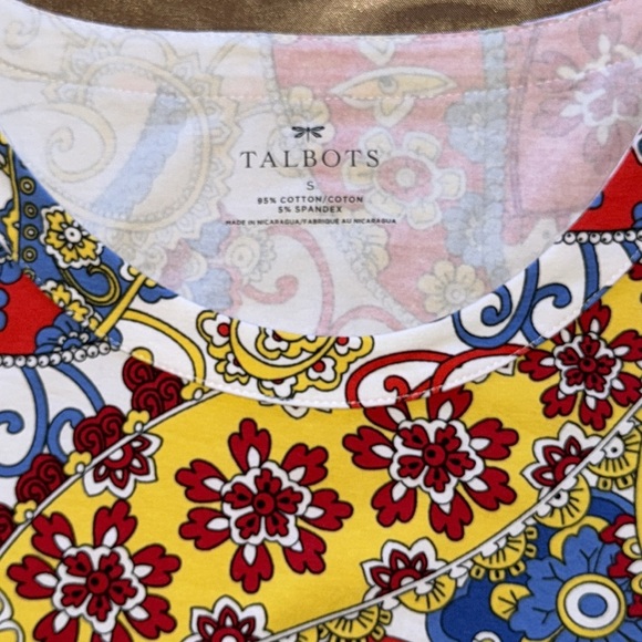 Talbots Red and Blue Paisley Tab Sleeve Top Cotton Stretch Sz S - Picture 7 of 13